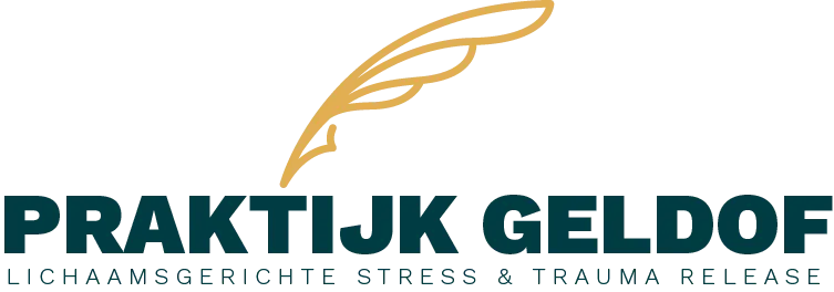 Logo voor Praktijk Geldof, met tekst en een ontwerpelement in de vorm van een gouden veer.