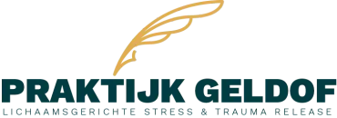 Logo voor Praktijk Geldof, met tekst en een ontwerpelement in de vorm van een gouden veer.