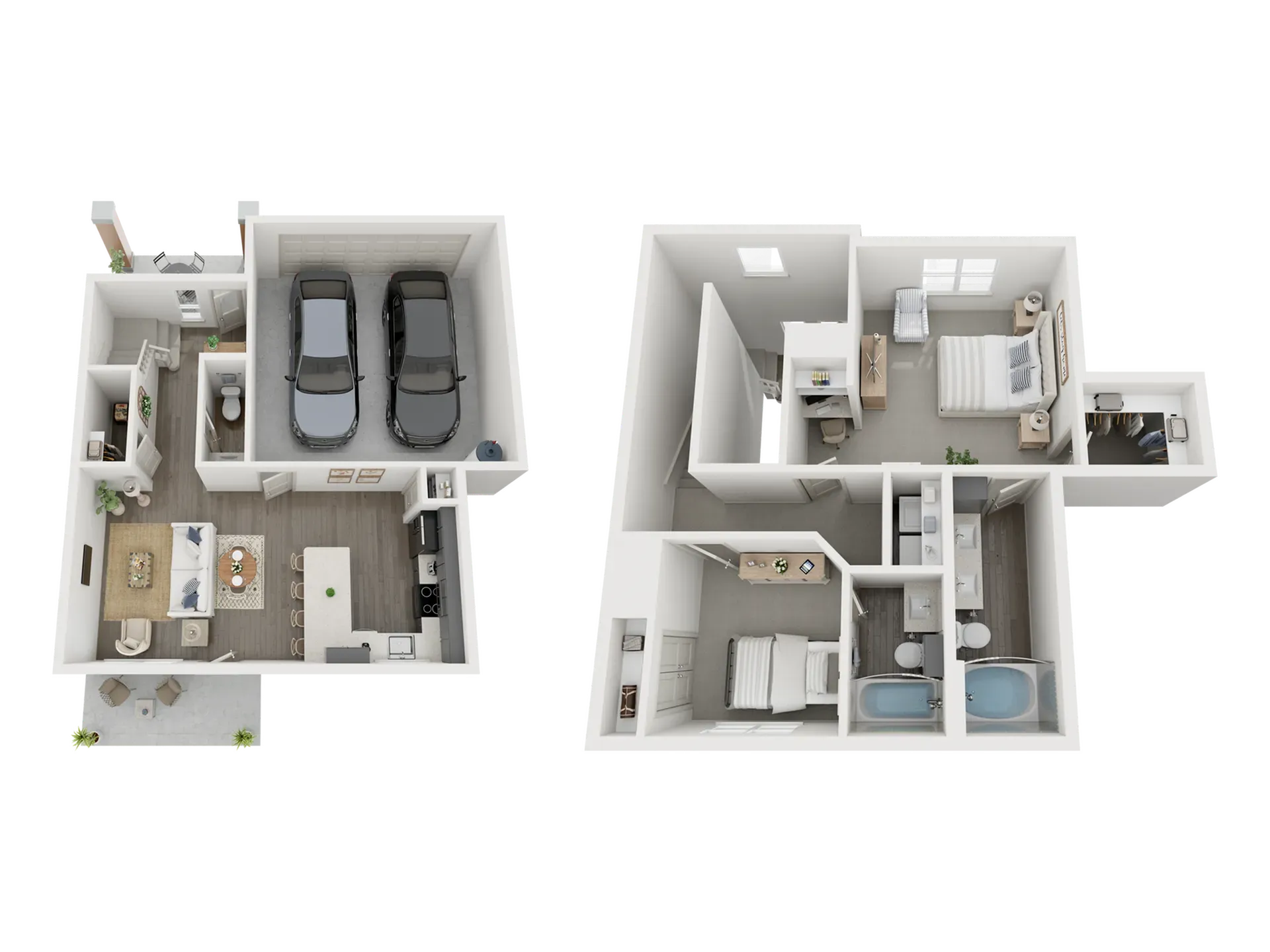 Floor plan of a two-story townhouse with a garage; includes living areas, bedrooms, bathrooms.