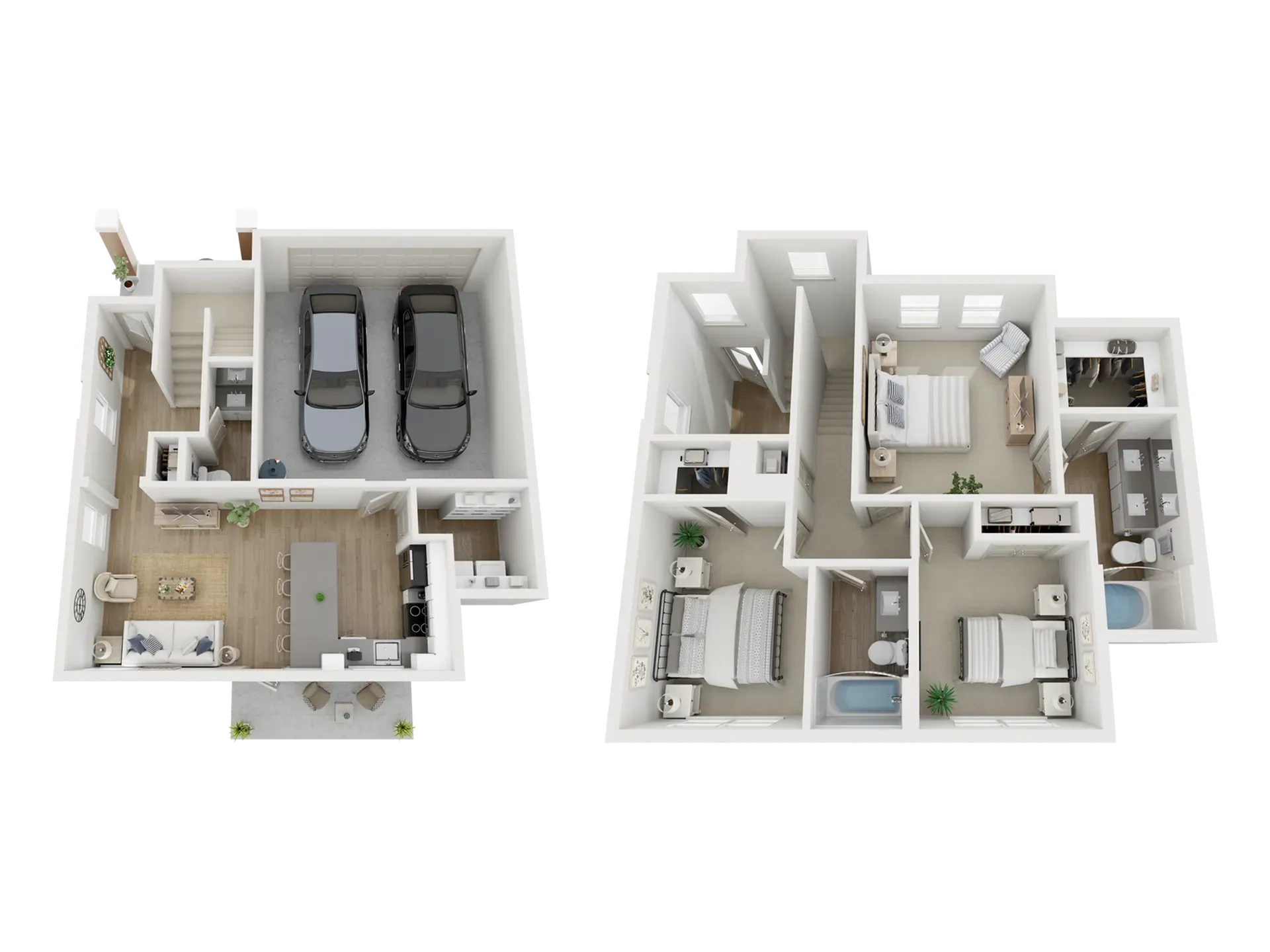 Floor plan of a two-story townhouse with a garage; includes living areas, bedrooms, bathrooms.