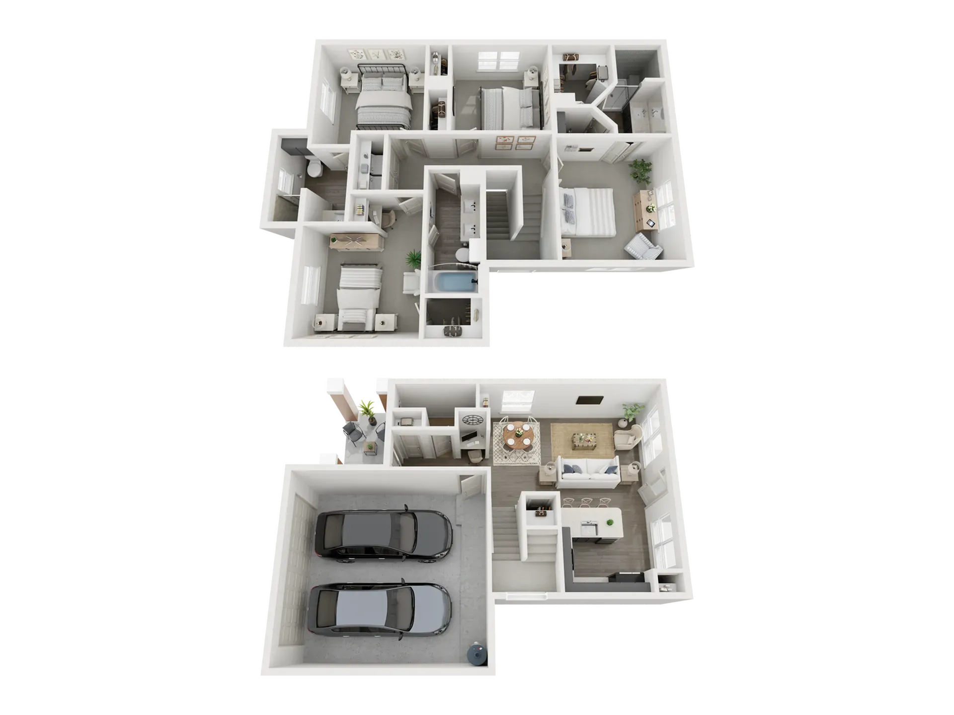 Two-story floor plan: bedrooms upstairs, kitchen/living downstairs, two-car garage.