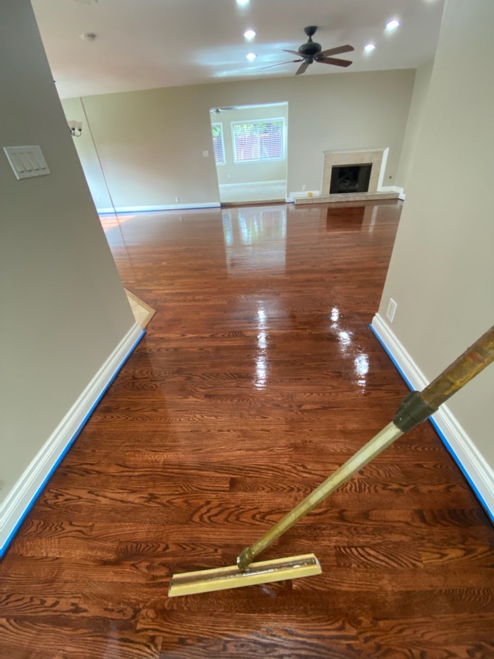 A mop is being used to clean a wooden floor in a living room.