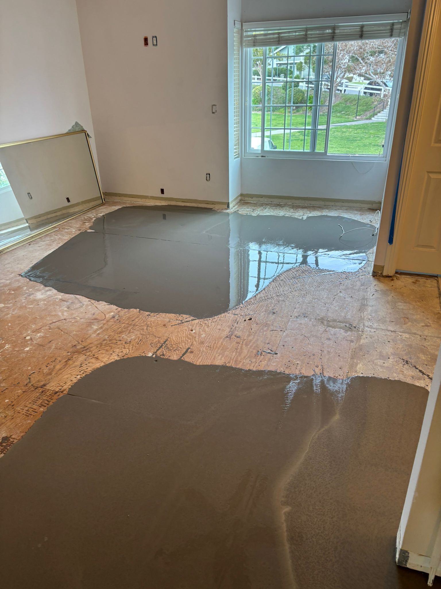 A living room with a large puddle of liquid on the floor.