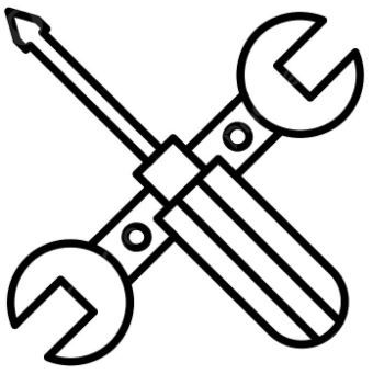 A black and white drawing of a wrench and screwdriver crossed over each other.