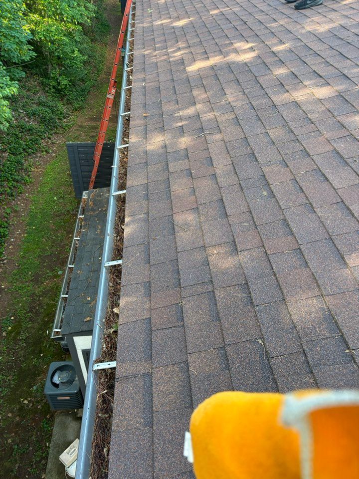 A rooftop with brown shingles and a metal gutter filled with debris; ladder propped against the side.