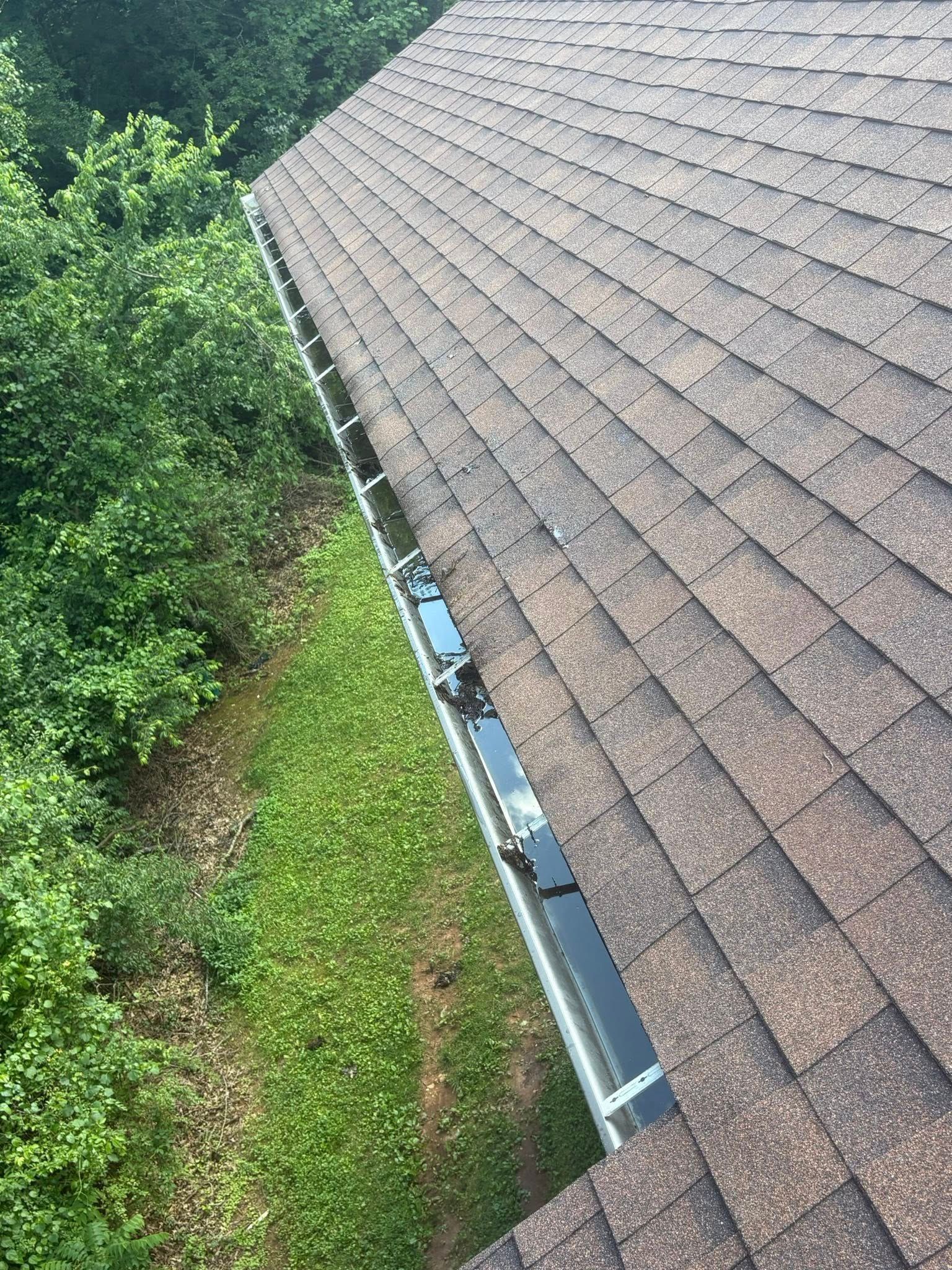 Brown shingled roof with a gutter filled with debris. Lush green grass and trees are nearby.