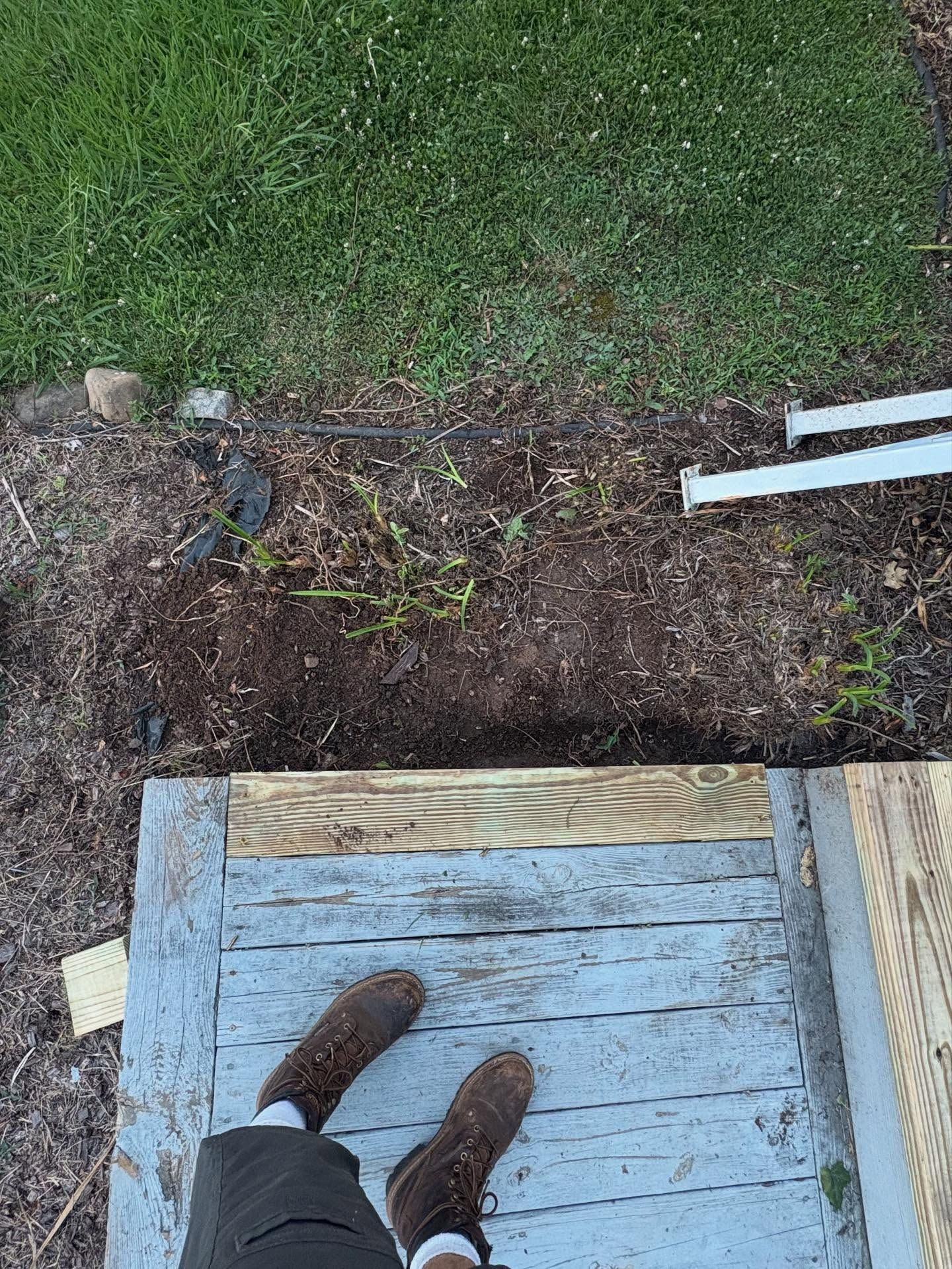 Person standing on weathered deck, looking down at a small garden bed with grass and plants.