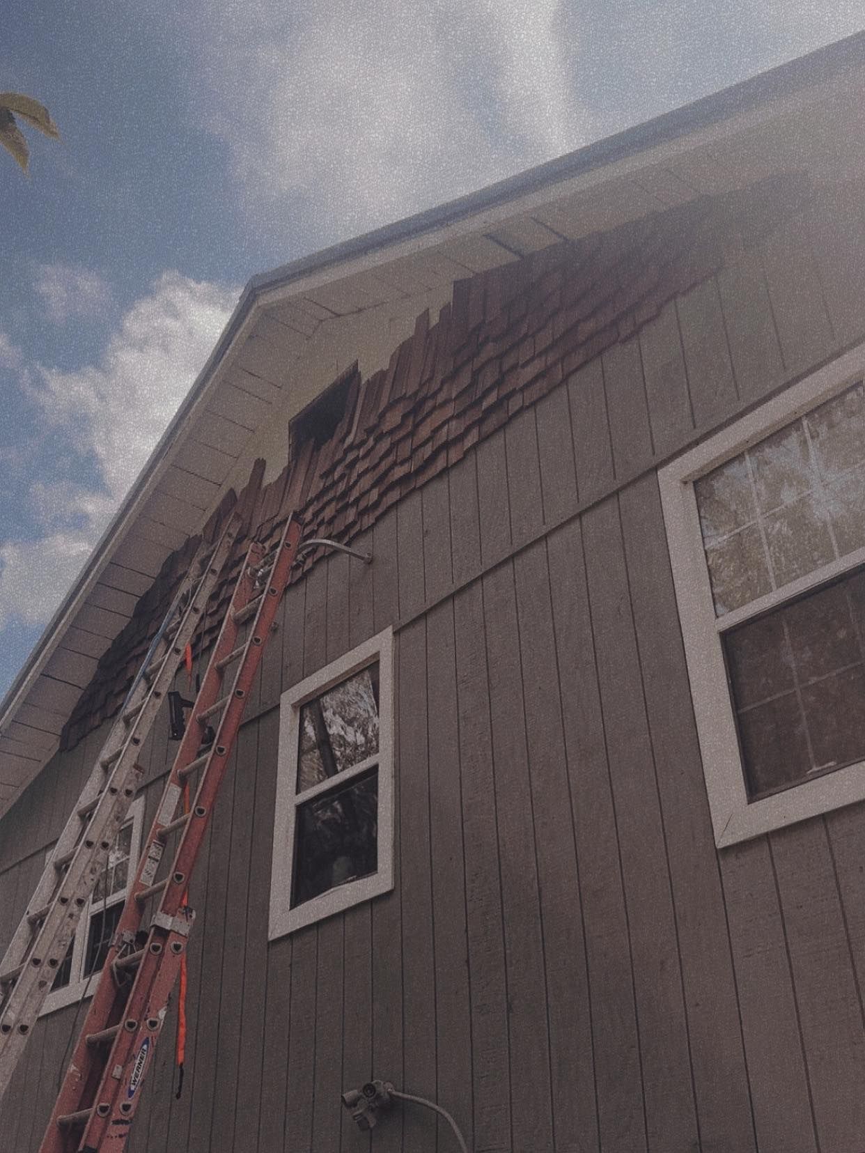 Ladder propped against a house, near a roof, with windows and siding visible.