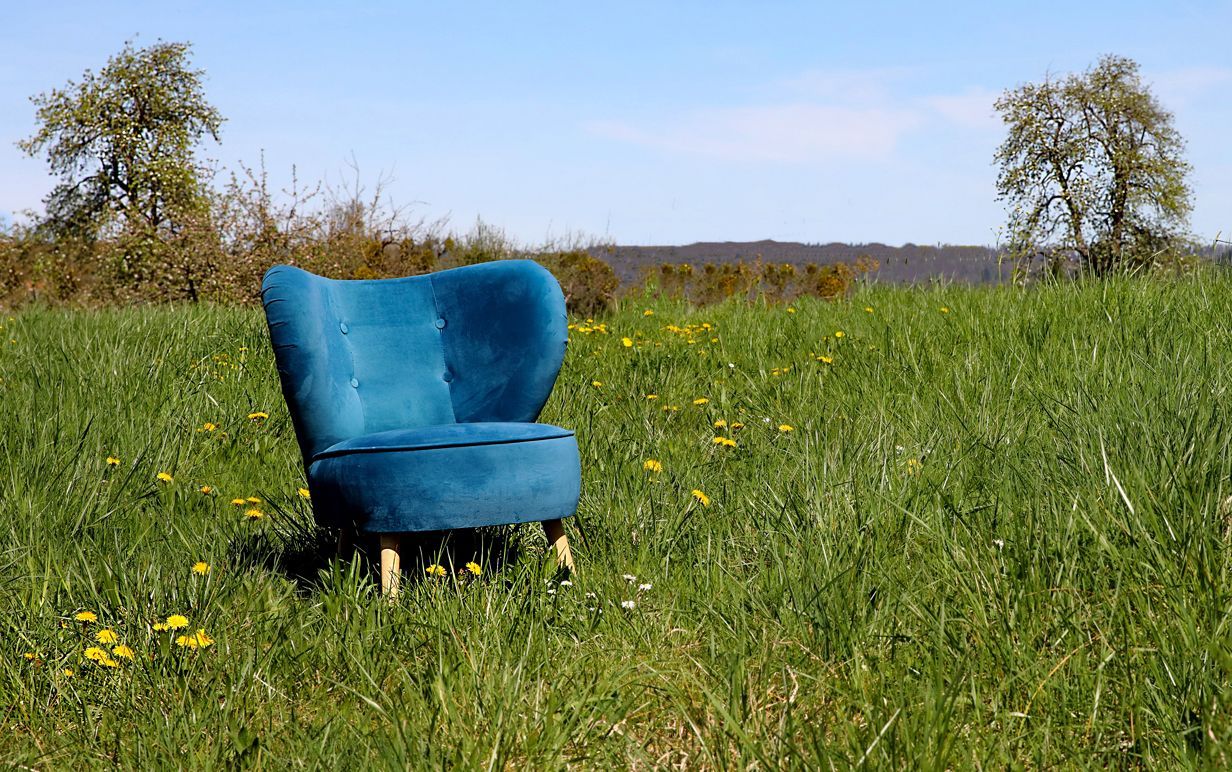 Der blaue Sessel steht auf einer grünen Wiese. 