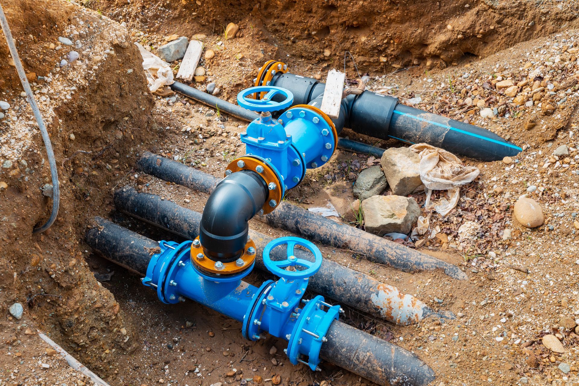 Blue pipes and valves installed in an open trench, surrounded by dirt and rocks.