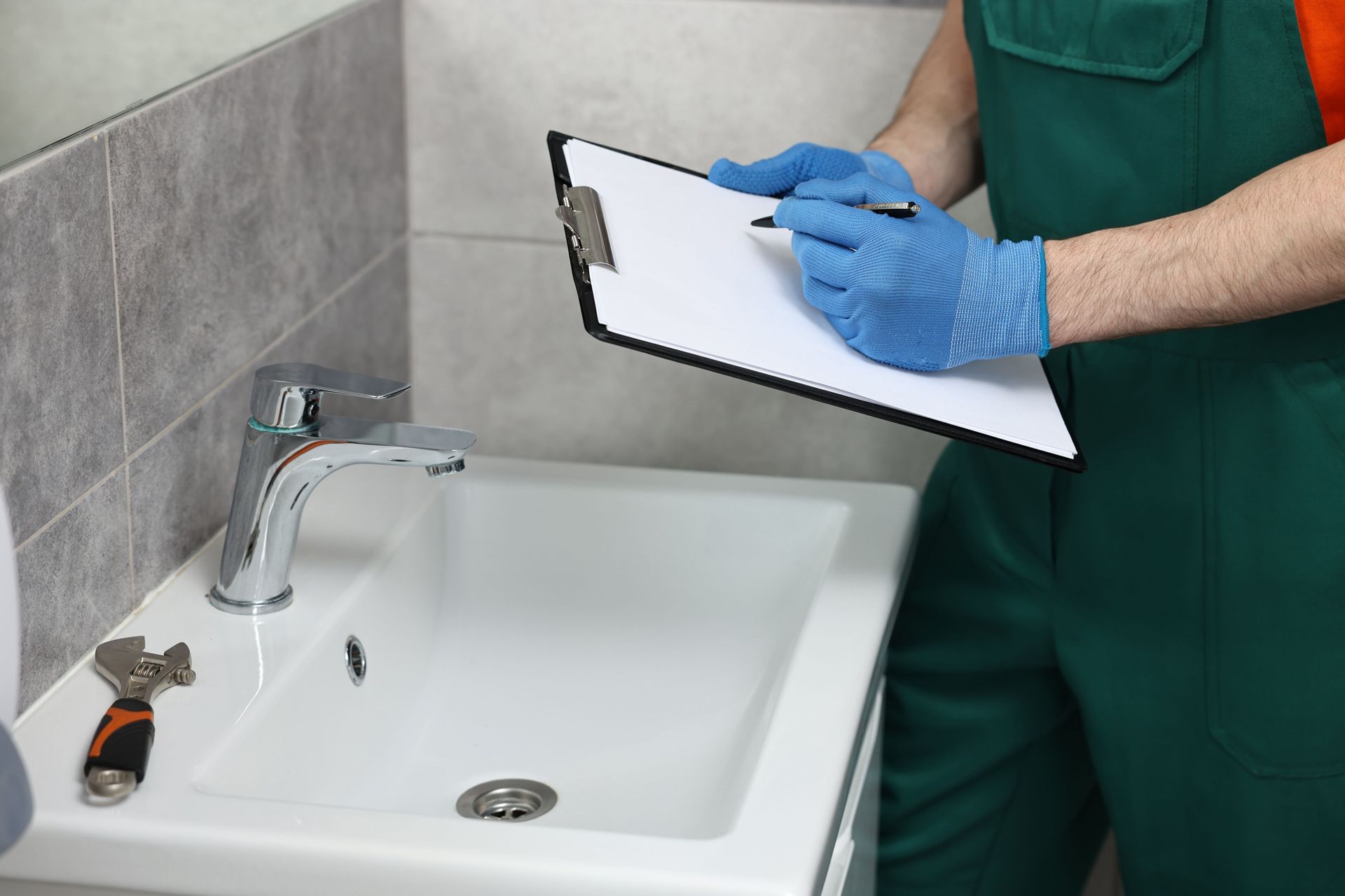 Plumber in green uniform and blue gloves writes on a clipboard near a bathroom sink.