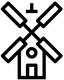 Icono de molino de viento negro con cuatro aspas y una pequeña casa en la parte inferior.