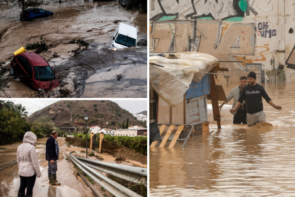 Een collage van vier foto's van mensen die in het overstromingswater staan.