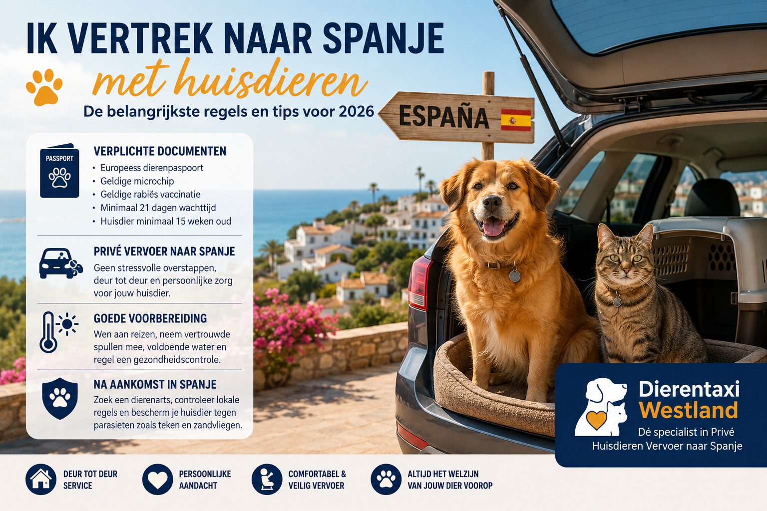 “Ik vertrek naar Spanje!” Maar wanneer je huisdieren meegaan, komt daar behoorlijk wat voorbereiding