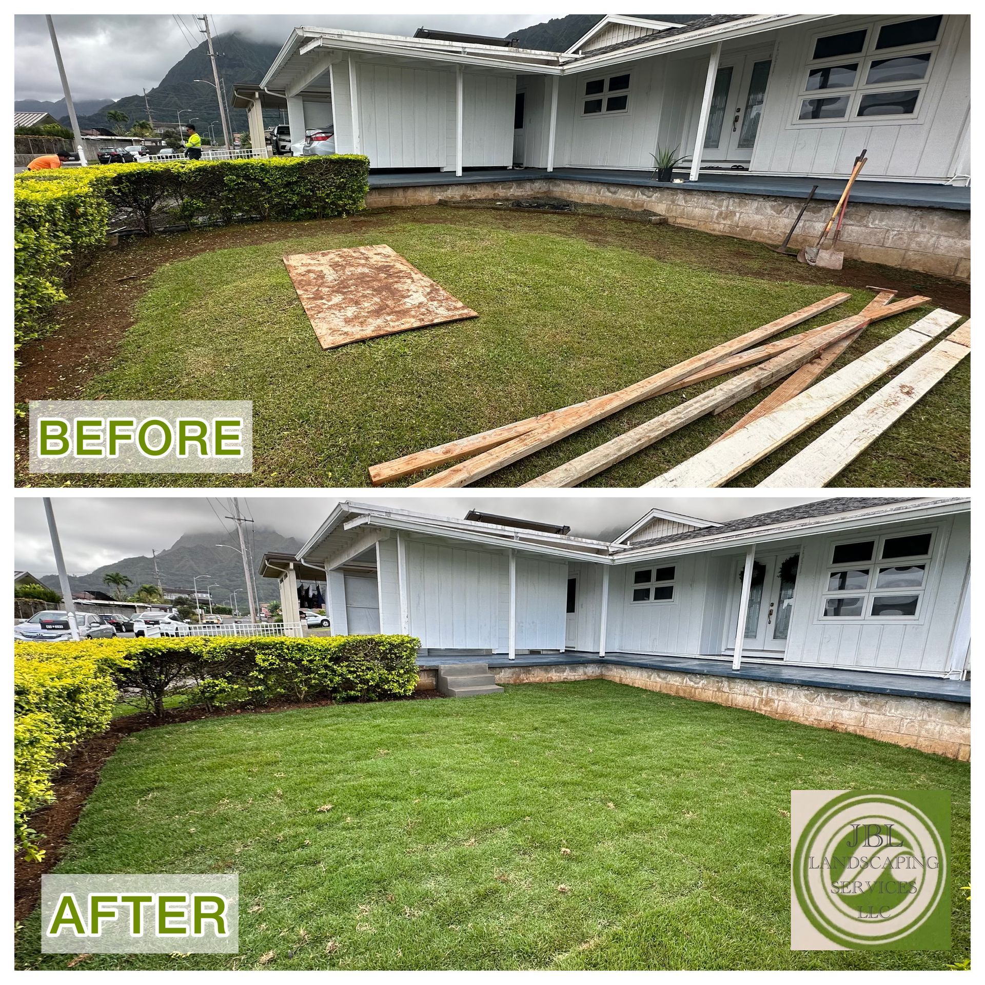 a before and after photo of a lawn in front of a house .