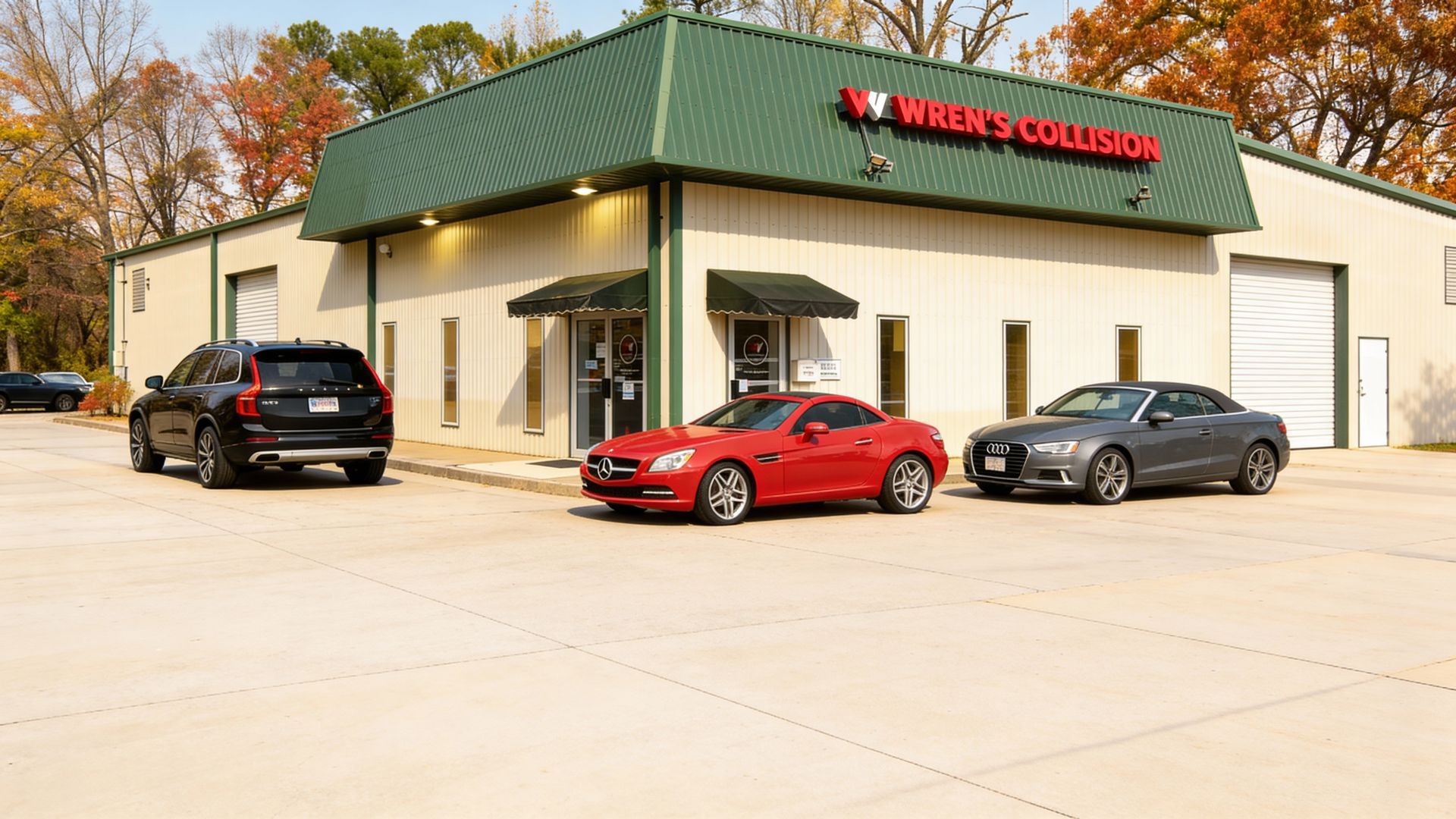 A building with a red sign 