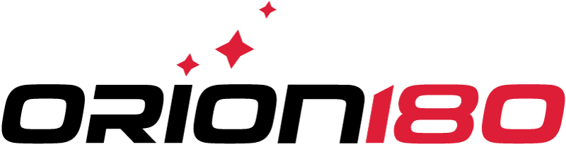The logo for orion180 is black and red with a red star in the middle.