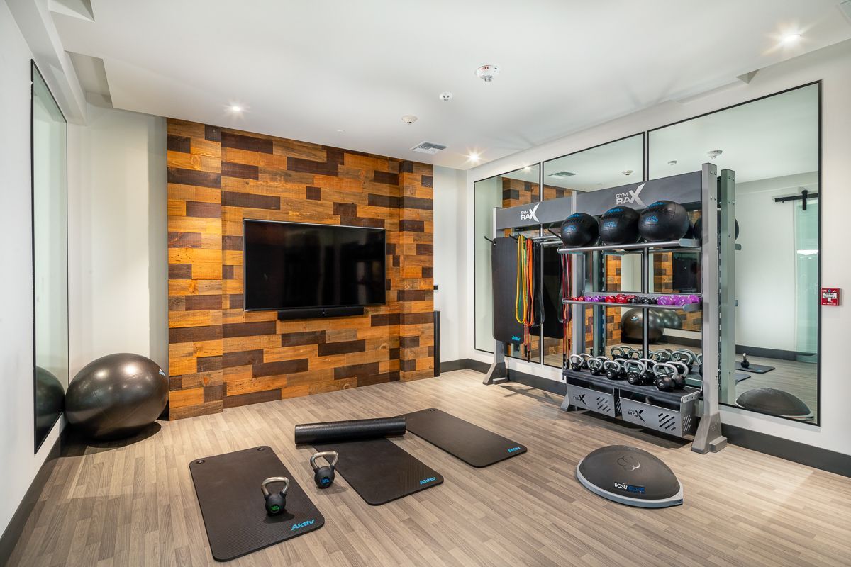 Gym with weights, exercise balls, mats, and equipment rack; wood accent wall and mirrors.