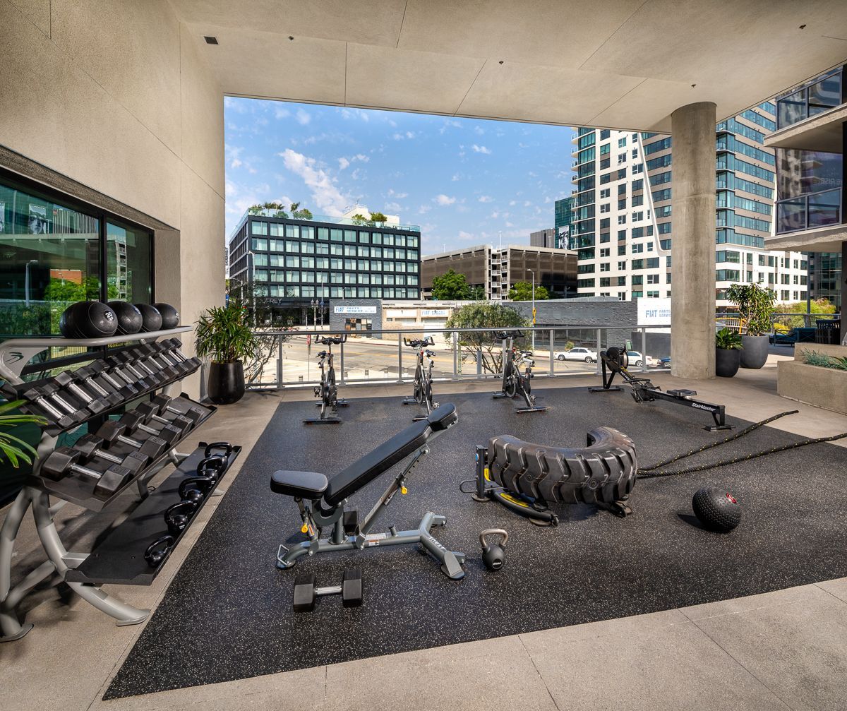 Outdoor gym with weights, exercise bikes, and cityscape view.