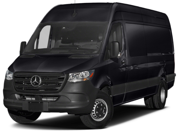 A black mercedes sprinter van is shown on a white background.