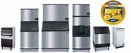 A group of ice machines are lined up next to each other on a white background.