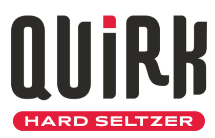 Quirk hard seltzer logo: bold black letters with a red bar below saying 