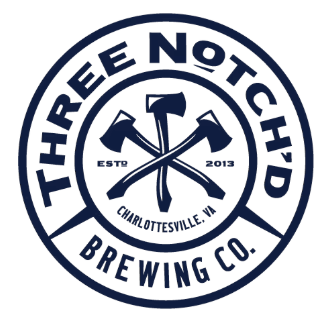 Three Notch'd Brewing Co. logo: Circular badge with crossed axes, navy and white, Charlottesville, VA.