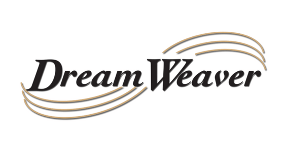 DreamWeaver logo: Black text with stylized infinity symbol in brown arcs.