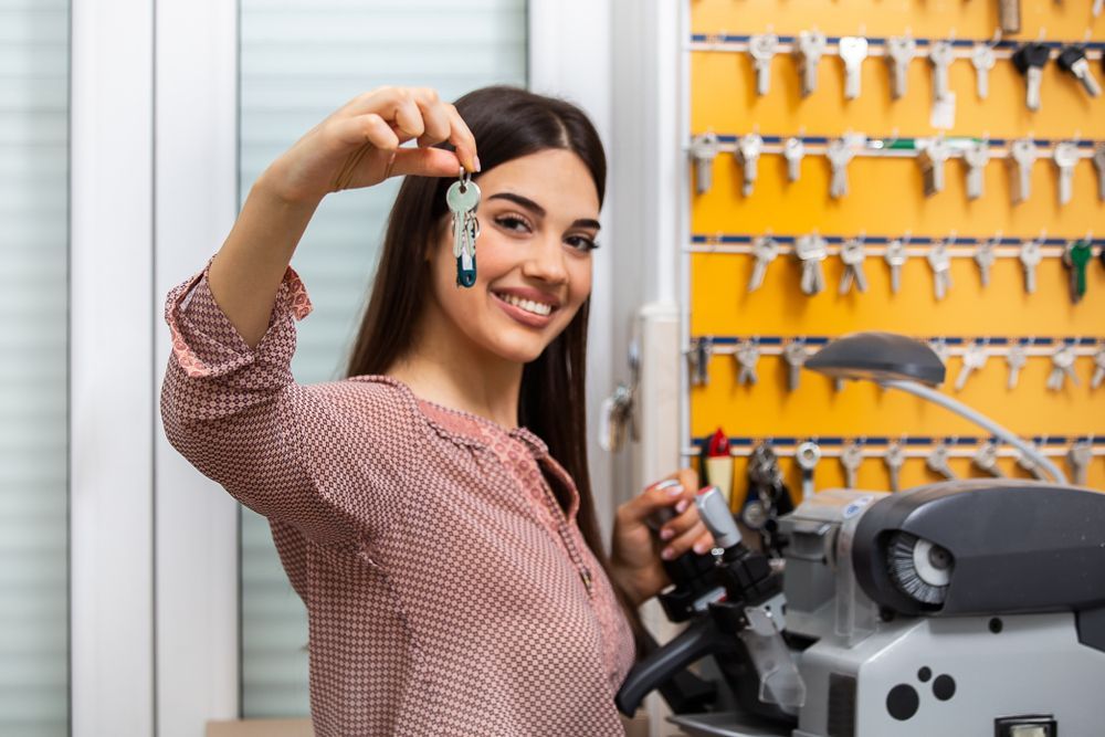 Woman Smiling and Holding up A Car Key in A Locksmith Shop — Terrace Locksmiths in Raymond Terrace, NSW