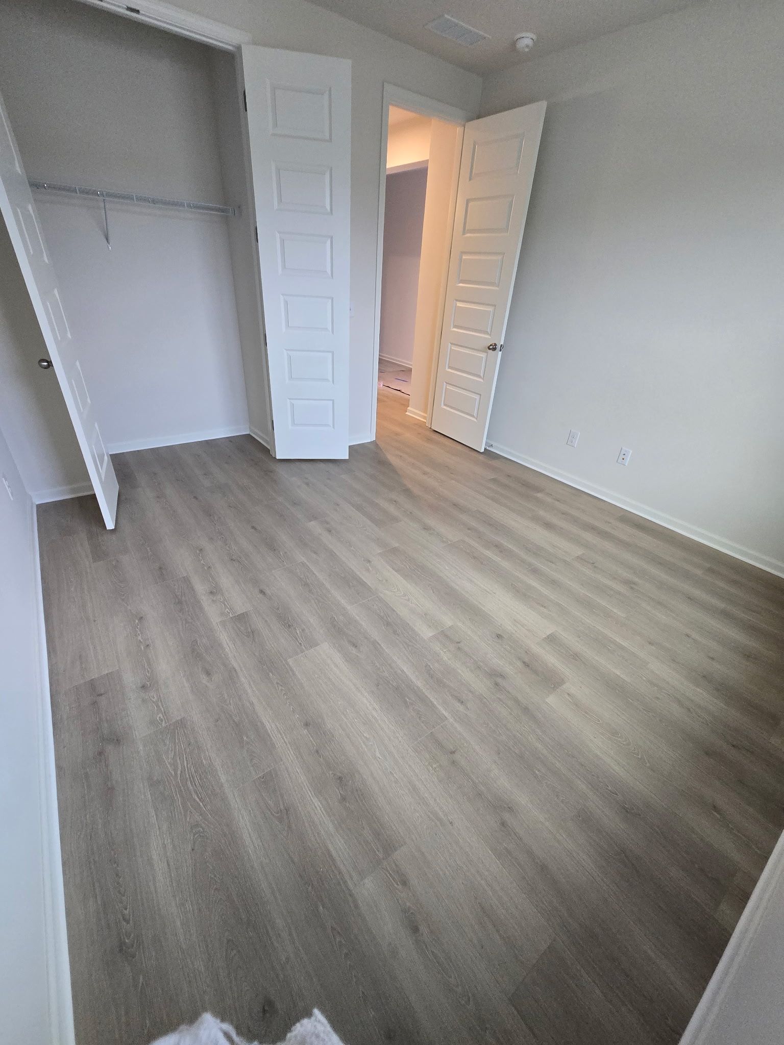 Empty bedroom with gray wood-look flooring, closet, and a doorway, painted walls, white doors.