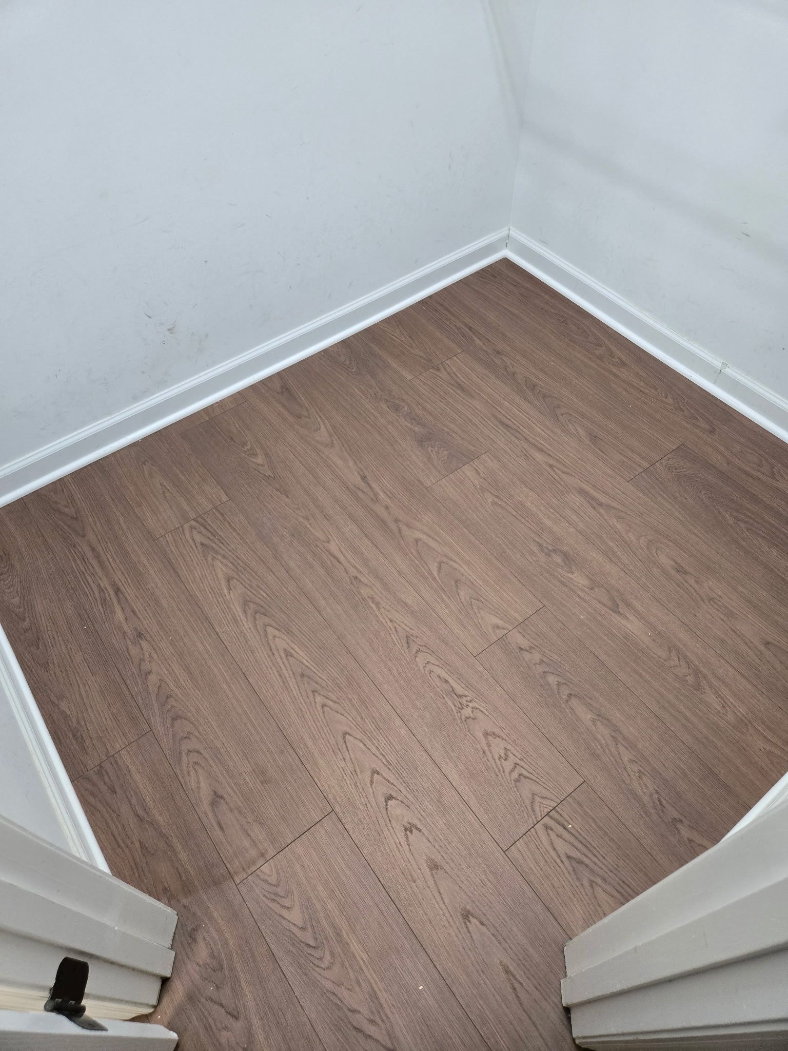 Empty corner with white walls and wood-look flooring, viewed through a doorway.