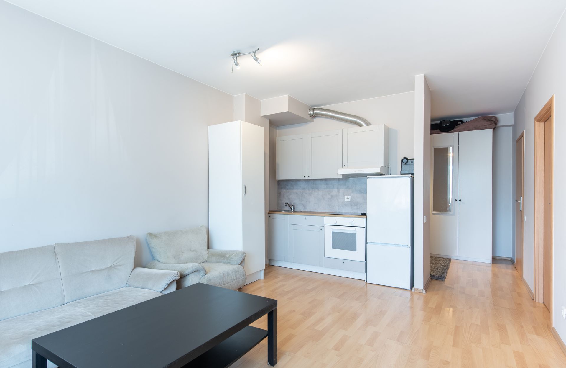 Small apartment interior with kitchen, sofa, table, and light wood flooring. Gray and white color scheme.