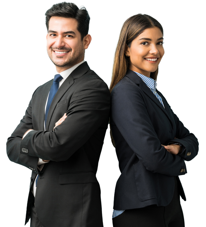 A man and a woman are standing back to back with their arms crossed