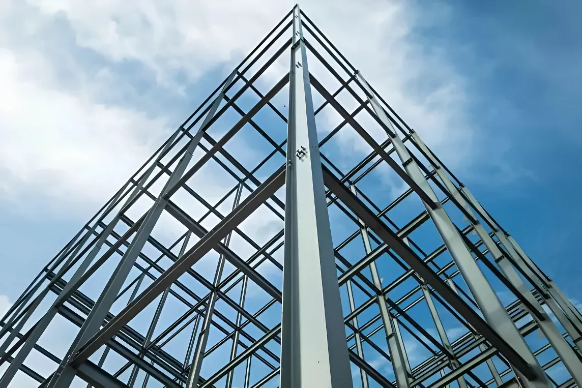 Upward view of a custom-fabricated steel building frame set against a blue sky.