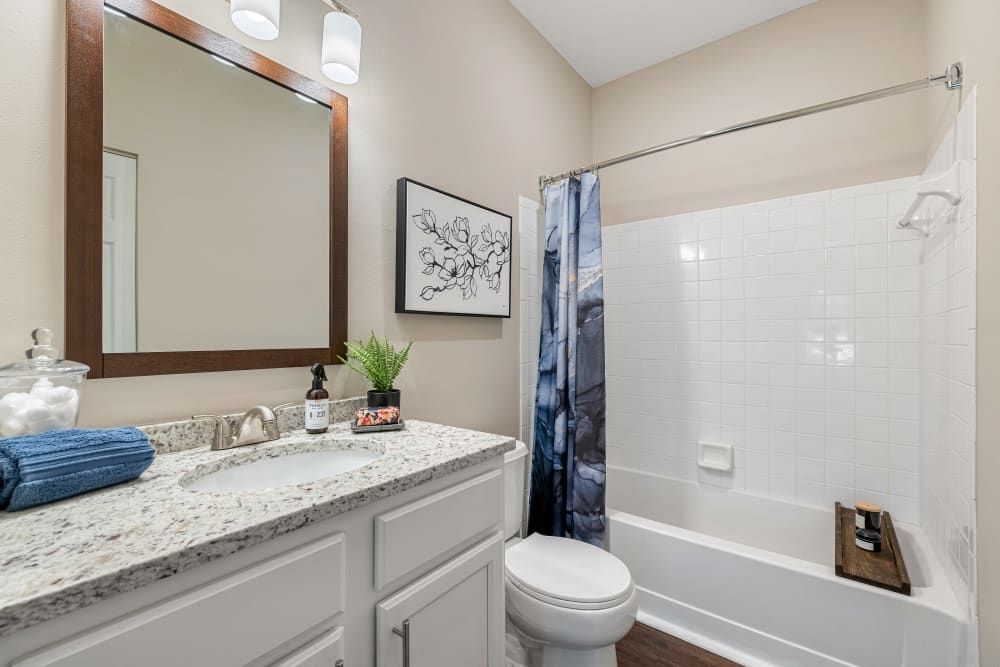 a bathroom with a sink , toilet , bathtub and mirror at The Preserve at Ballantyne Commons in Charlotte, NC.
