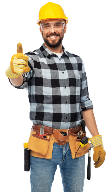 A man wearing a hard hat and gloves is giving a thumbs up.