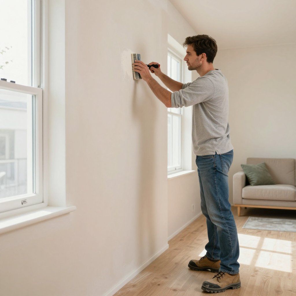 Man using a screwdriver to install a bracket on a white wall near windows.