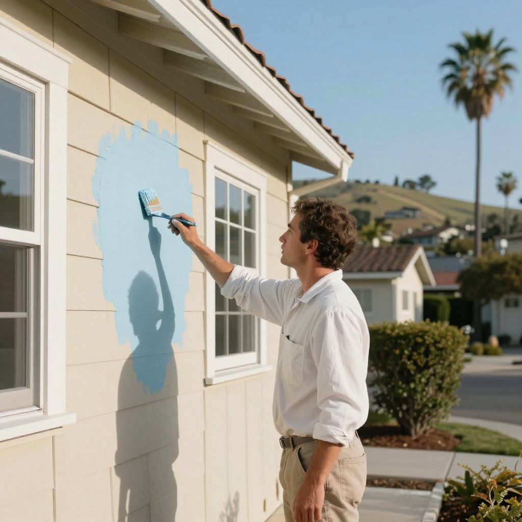 Man painting a house exterior light blue. Sunny day, residential area.
