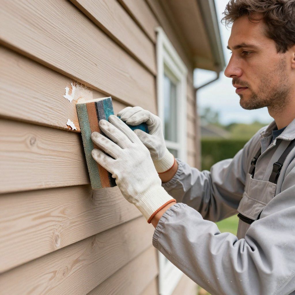 Man in workwear sanding patched siding on a house.