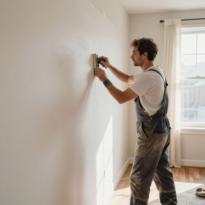A person wearing overalls sanding a wall in a room with a window and white paint.