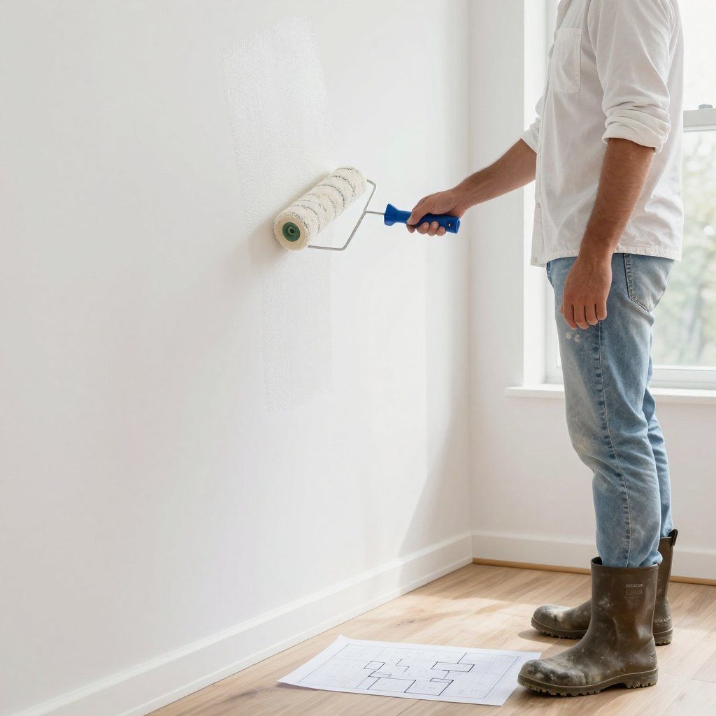 Man in jeans and boots paints a white wall with a paint roller in a room with hardwood floors.