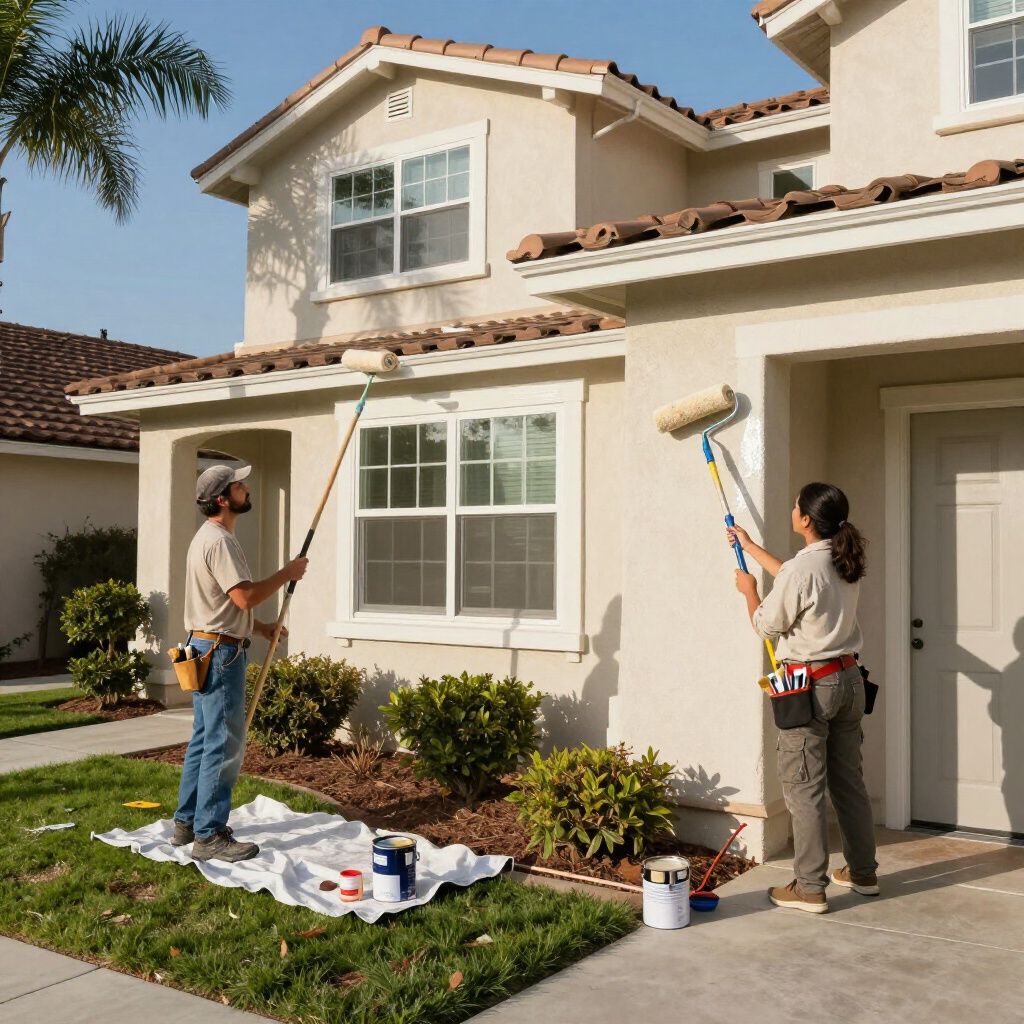 Two people painting a two-story beige house exterior with paint rollers, sunny day.