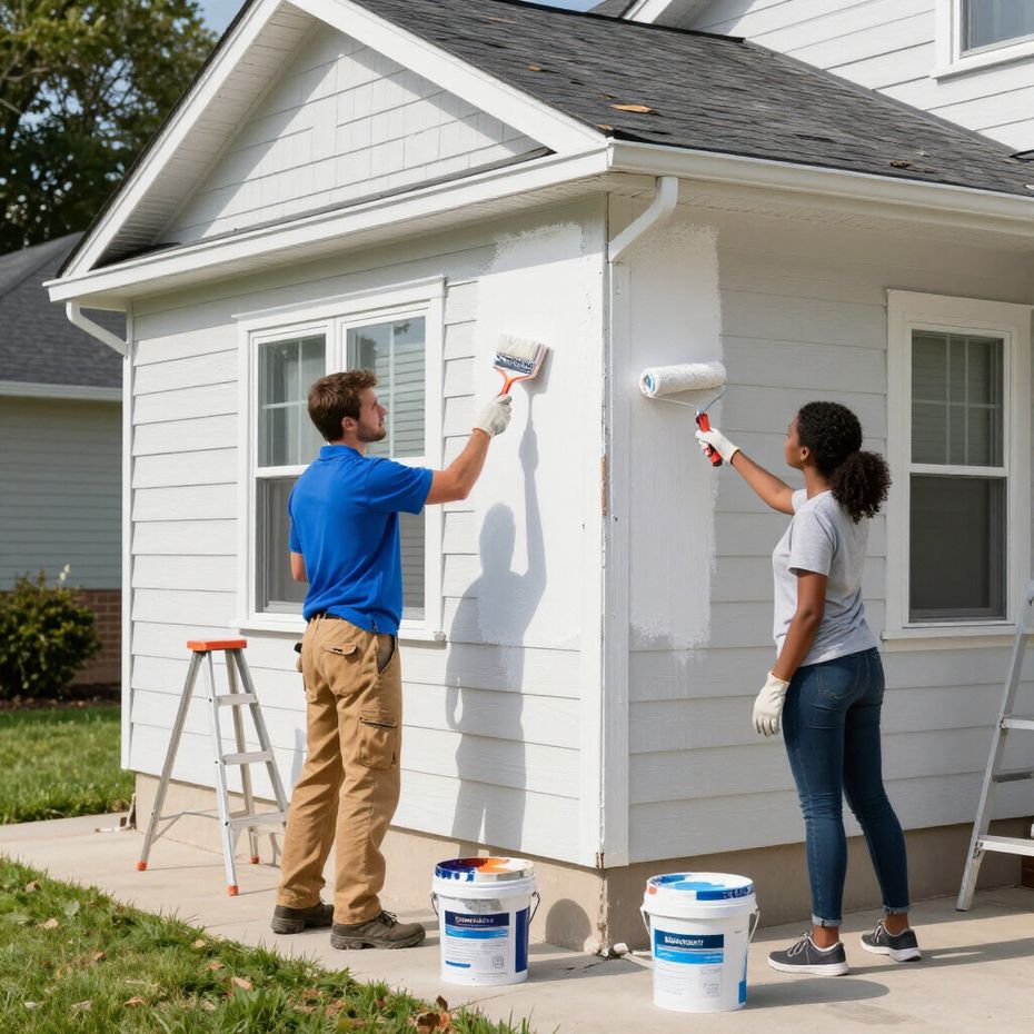 Two people painting a house exterior white with rollers; sunny day.