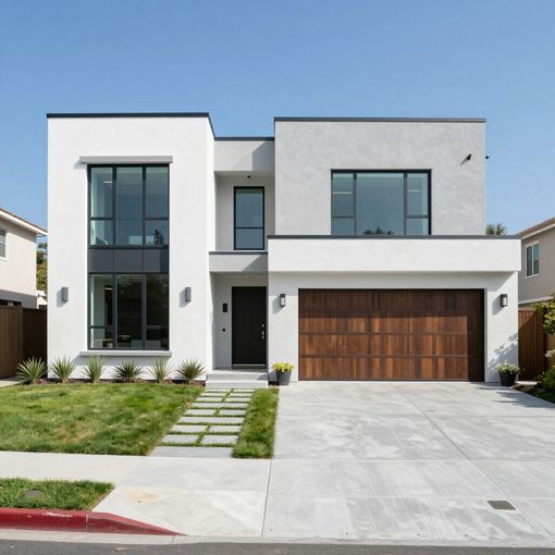 Modern two-story house with white and gray exterior, brown garage door, and large windows on a sunny day.