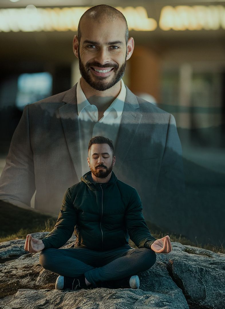 Man meditating on a rock, overlaid with an image of him in a suit smiling; blurry building in background.