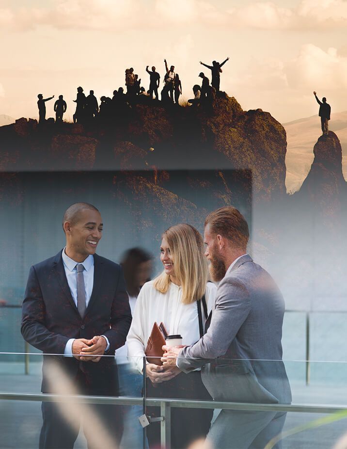 Businesspeople conversing on a balcony, silhouetted figures on a mountaintop celebrate.
