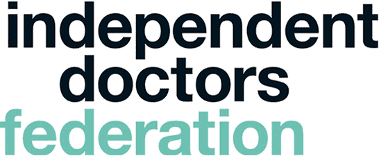 Logo for Independent Doctors Federation: black text on white with teal “federation” word.