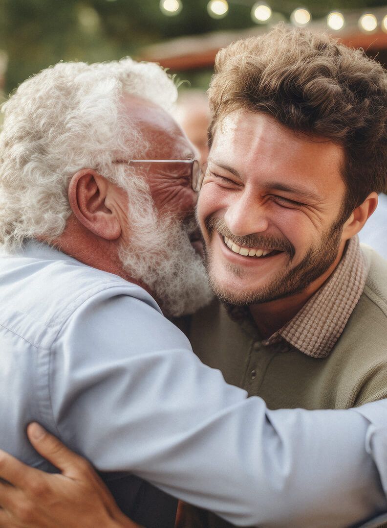 Man with a white beard, glasses, smiles, superimposed on a man in a blue jacket.