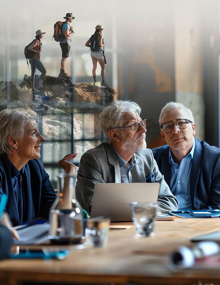Business people in a meeting, overlaid with hikers on a mountain peak.