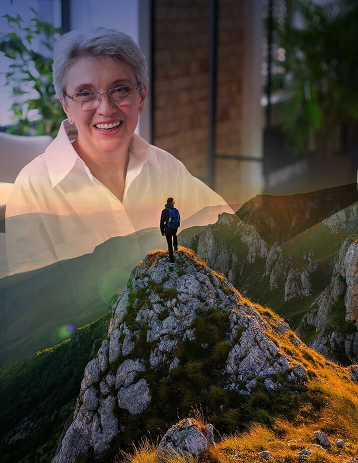 Woman smiling, overlaid on a hiker standing on a mountain peak at sunset.